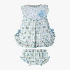 GIRL BLUE FLOWERS AND PLAID SHORT DRESS SET