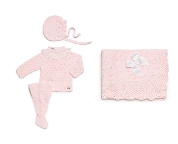 BABY OPENWORK BLANKET AND LACE COLLAR NEWBORN 4P SET