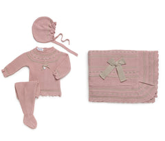 BABY FRILLS KNIT BOW BLANKET AND NEWBORN 4P SET