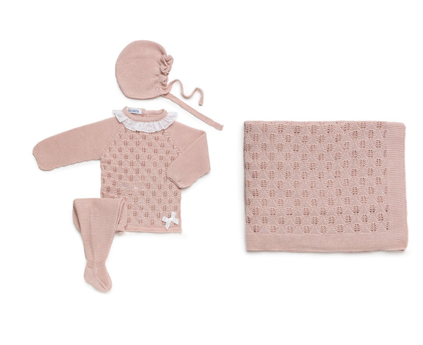 BABY OPENWORK BLANKET AND WHITE COLLAR NEWBORN 4P SET