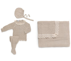 BABY LACE DETAILS OPENWORK BLANKET AND NEWBORN 4P SET