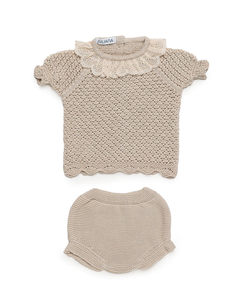 GIRLS KNITTED SHIRT DELICATE AND LACE COLLAR WITH BLOOMER 2P SET