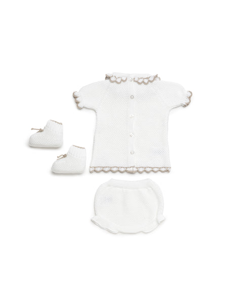 GIRLS KNITTED BLOUSE AND BLOOMER COMBINED WITH BEIGE WAVES  3P SET
