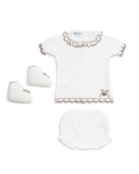 GIRLS KNITTED BLOUSE AND BLOOMER COMBINED WITH BEIGE WAVES  3P SET