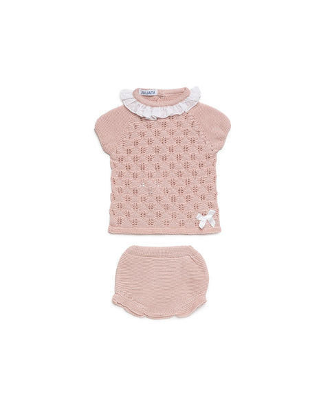 GIRLS KNITTED MIXED RUFFLE COLLAR SHIRT AND BLOOMER 2P SET