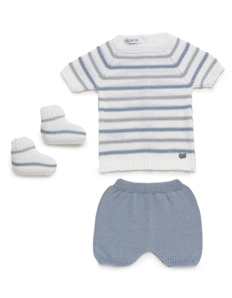 BOYS STRIPED KNITTED SHIRT AND SHORT WITH BOOT 3P SET