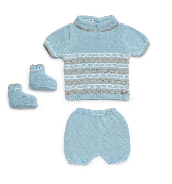 BOYS COLORED CHAIN  KNITTED SHIRT AND SHORT WITH BOOT 3P SET