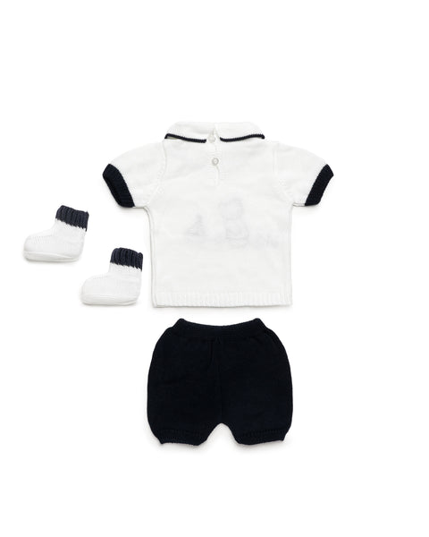 BOYS  BEAR BOAT KNITTED SHIRT AND SHORT WITH BOOT 3P SET