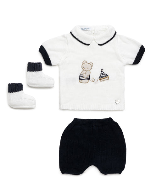 BOYS  BEAR BOAT KNITTED SHIRT AND SHORT WITH BOOT 3P SET