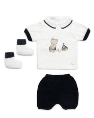 BOYS  BEAR BOAT KNITTED SHIRT AND SHORT WITH BOOT 3P SET