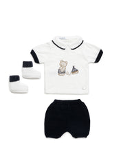 BOYS  BEAR BOAT KNITTED SHIRT AND SHORT WITH BOOT 3P SET
