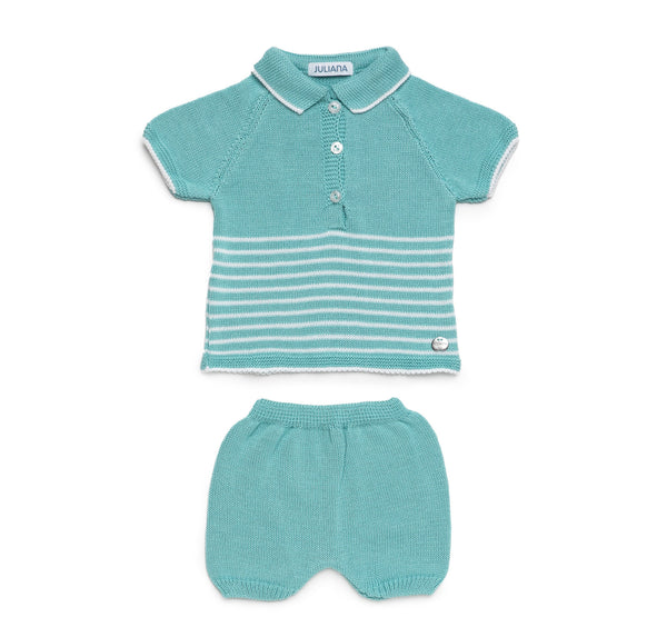 BOYS STRIPED WITH COLLAR KNITTED SHIRT AND SHORT 2P SET