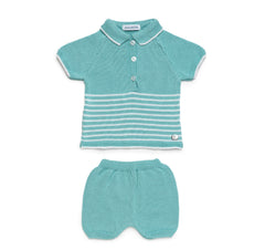 BOYS STRIPED WITH COLLAR KNITTED SHIRT AND SHORT 2P SET