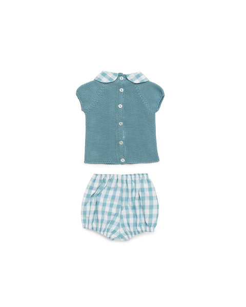 BOYS PLAID COLLAR KNITTED SHIRT AND PLAID SHORT 2P SET
