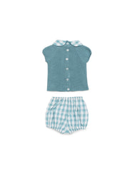 BOYS PLAID COLLAR KNITTED SHIRT AND PLAID SHORT 2P SET