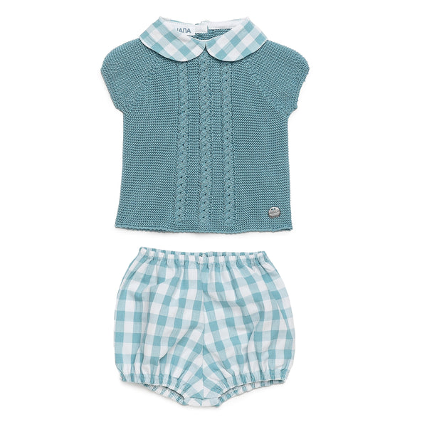 BOYS PLAID COLLAR KNITTED SHIRT AND PLAID SHORT 2P SET