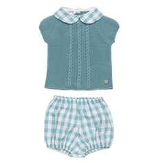 BOYS PLAID COLLAR KNITTED SHIRT AND PLAID SHORT 2P SET