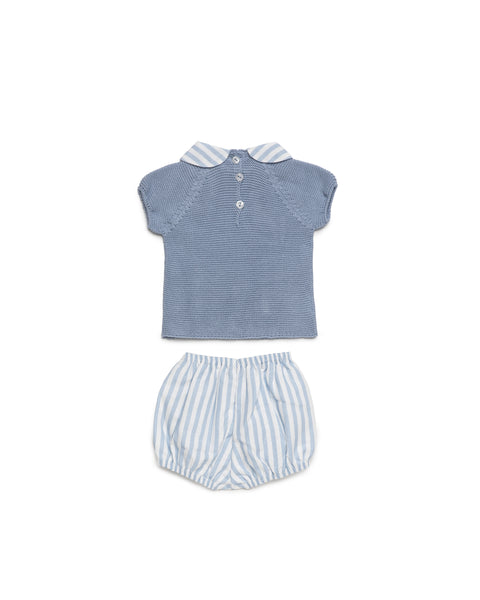 BOYS STRIPED COLLAR KNITTED SHIRT AND STRIPED SHORT 2P SET