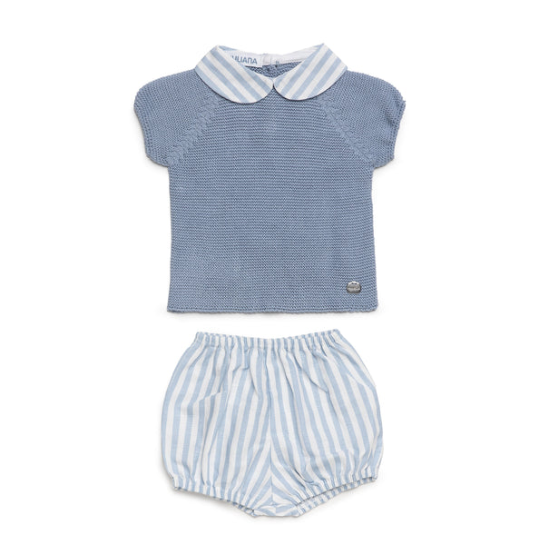 BOYS STRIPED COLLAR KNITTED SHIRT AND STRIPED SHORT 2P SET
