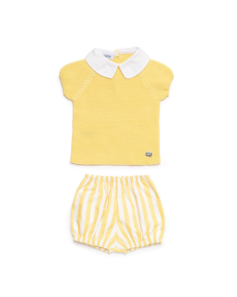 BOYS YELLOW KNIT SLEEVELES SWEATER WITH STRIPED TROUSERS 2P SET
