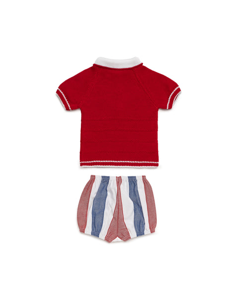 BOYS RED COLLAR KNITTED SHIRT AND STRIPED SHORT 2P SET