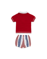 BOYS RED COLLAR KNITTED SHIRT AND STRIPED SHORT 2P SET