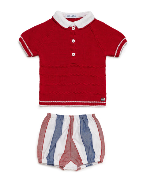 BOYS RED COLLAR KNITTED SHIRT AND STRIPED SHORT 2P SET