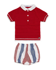 BOYS RED COLLAR KNITTED SHIRT AND STRIPED SHORT 2P SET
