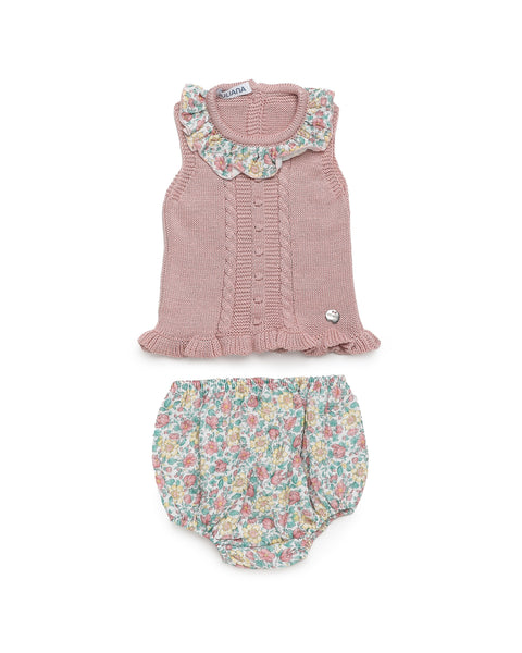GIRLS KNITTED BLOUSE FLORAL RUFFLE COLLAR WITH BLOOMER 2P SET