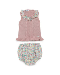 GIRLS KNITTED BLOUSE FLORAL RUFFLE COLLAR WITH BLOOMER 2P SET
