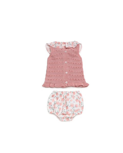 GIRLS KNITTED BLOUSE CHERRY BLOSSOM COLLAR WITH BLOOMER 2P SET
