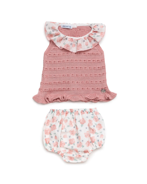 GIRLS KNITTED BLOUSE CHERRY BLOSSOM COLLAR WITH BLOOMER 2P SET