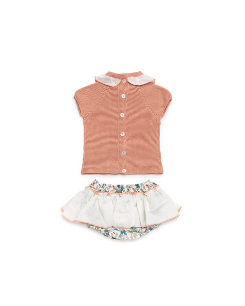 GIRLS GREEN FLOWER RUFFLE BLOOMER AND KNITTED BLOUSE 2P SET
