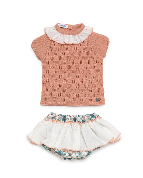 GIRLS GREEN FLOWER RUFFLE BLOOMER AND KNITTED BLOUSE 2P SET