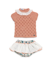 GIRLS GREEN FLOWER RUFFLE BLOOMER AND KNITTED BLOUSE 2P SET