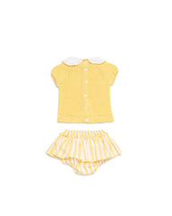 GIRLS YELLOW KNIT SLEEVELES SWEATERWITH STRIPED RUFFLE BLOOMER 2P SET