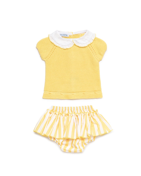 GIRLS YELLOW KNIT SLEEVELES SWEATERWITH STRIPED RUFFLE BLOOMER 2P SET