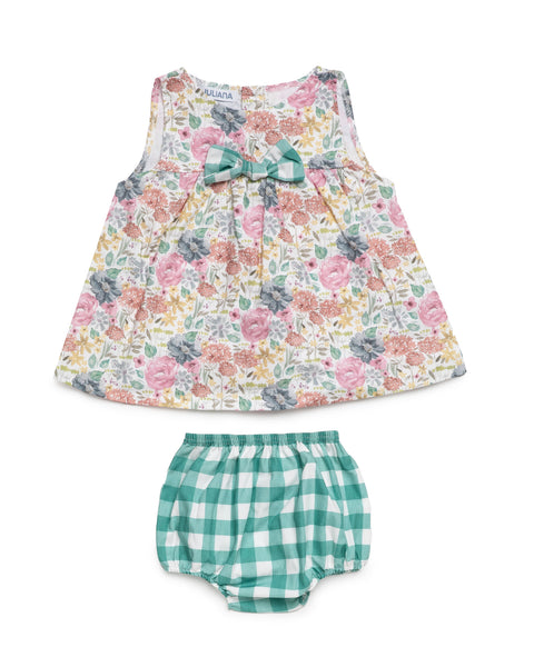 GIRLS FLORAL VICHY DRESS WITH BLOOMER 2P