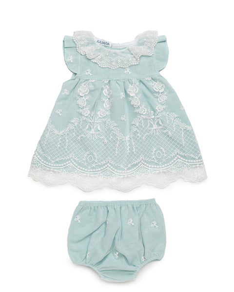 GIRLS LACE GREEN DRESS WITH BLOOMER 2P