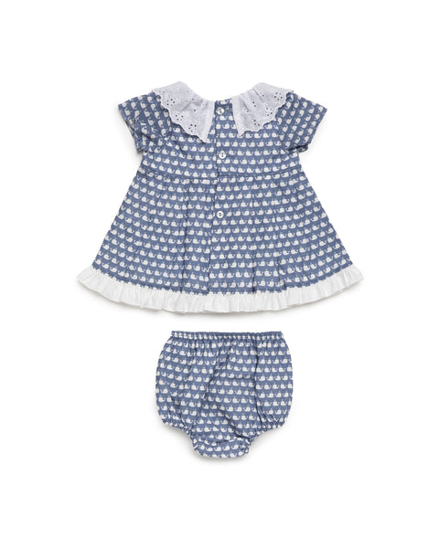 GIRLS WHALES PRINT AND RUFFLE COLLAR DRESS WITH BLOOMER 2P