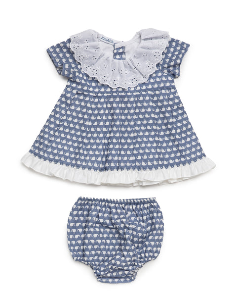 GIRLS WHALES PRINT AND RUFFLE COLLAR DRESS WITH BLOOMER 2P