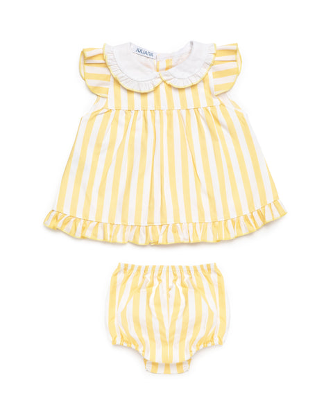 BABY GIRLS YELLOW SHORT STRIPED DRESS WITH BLOOMER 2P SET