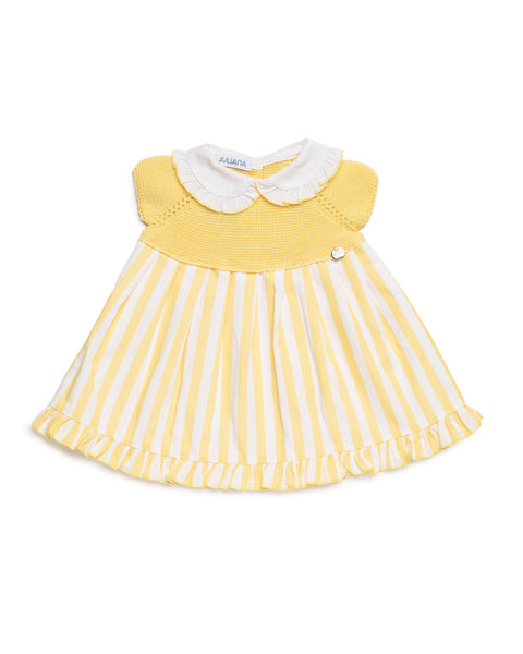 BABY GIRLS YELLOW KNIT AND STRIPED DRESS