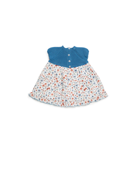 GIRLS FLORAL AND BLUE KNITTED DRESS