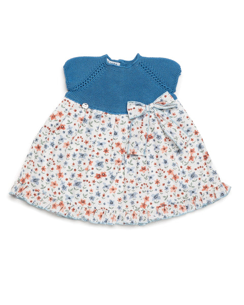 GIRLS FLORAL AND BLUE KNITTED DRESS