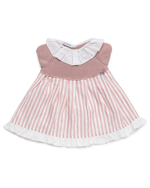 GIRLS STRIPED WITH RUFFLE COLLAR DRESS