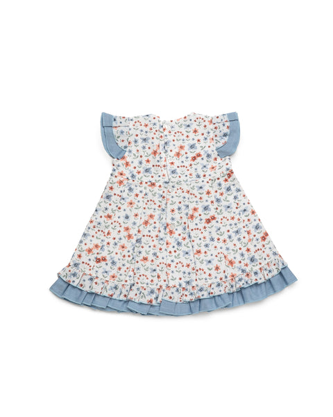 GIRLS FLOWERS AND BLUE RUFFLE DRESS