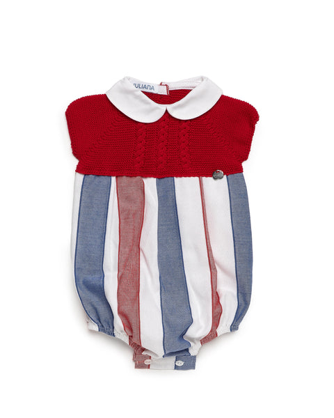 BABY RED AND BLUE STRIPED KNITTED ROMPER