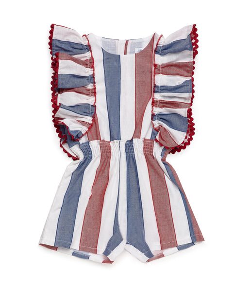 GIRLS RED AND BLUE STRIPED SHORT JUMPSUIT