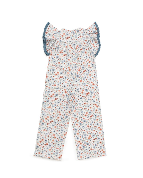GIRLS FLOWERS AND BLUE RUFFLE JUMPSUIT